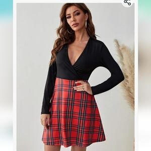 Women Long Sleeve Red Plaid Print Wrap V Neck Aline Dress